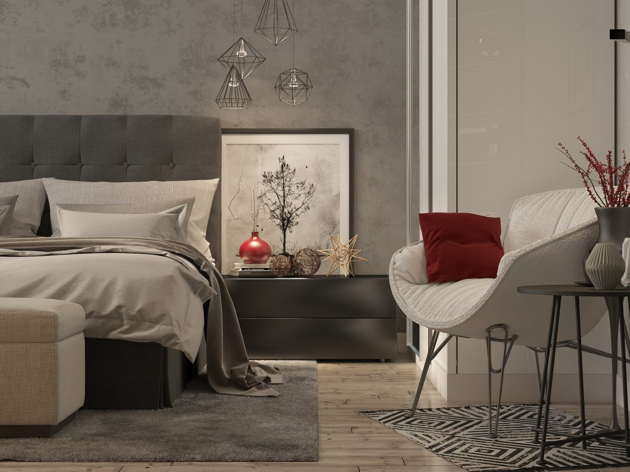 How to Design a Bedroom - warm looking bedroom with grey accents